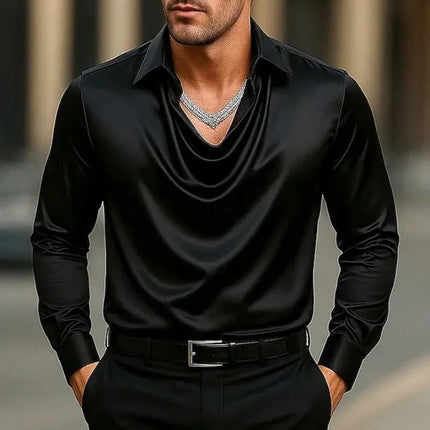 Casual Men's Satin Silk Dress Shirts Long Sleeve Social Single Breasted Button Turn-Down Collar Shirts Wedding Party Men Clothes