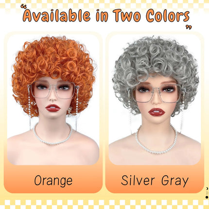 Adult Short Orange and Silver-Gray Curly Wig, Soft and Breathable, Heat-resistant Synthetic Fiber, Suitable for Daily Wear