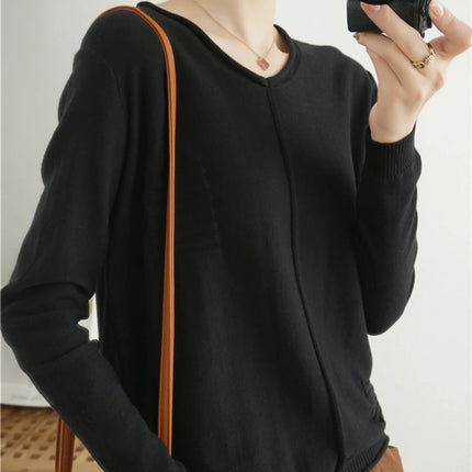 2023 Autumn/Winter Women's New Pullover Casual Solid 100% Cotton Knitted V-Neck Loose Sweater Fashion Soft Breathable Top