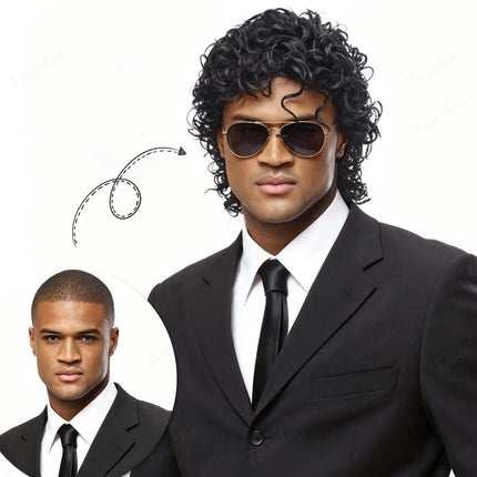 Synthetic Mens Black Short Curly Rocker Disco Wig with Glasses,Boys Wet Look Wig,70s Mullet Wig,Michael Jackson Role Play Wig