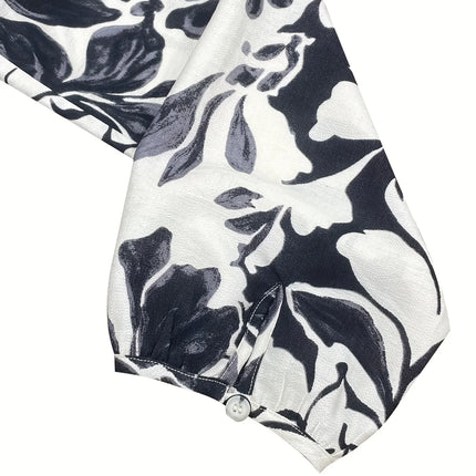Plus Size Women's Black White Floral Print Top Round Neck Half Placket Long Sleeve Loose