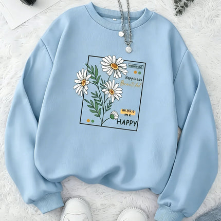 Women Daisy Floral Graphic Sweatshirt Girls Casual Crew Neck Pullover Oversized Soft Fleece Long Sleeve Trend Streetwear Y2K Top
