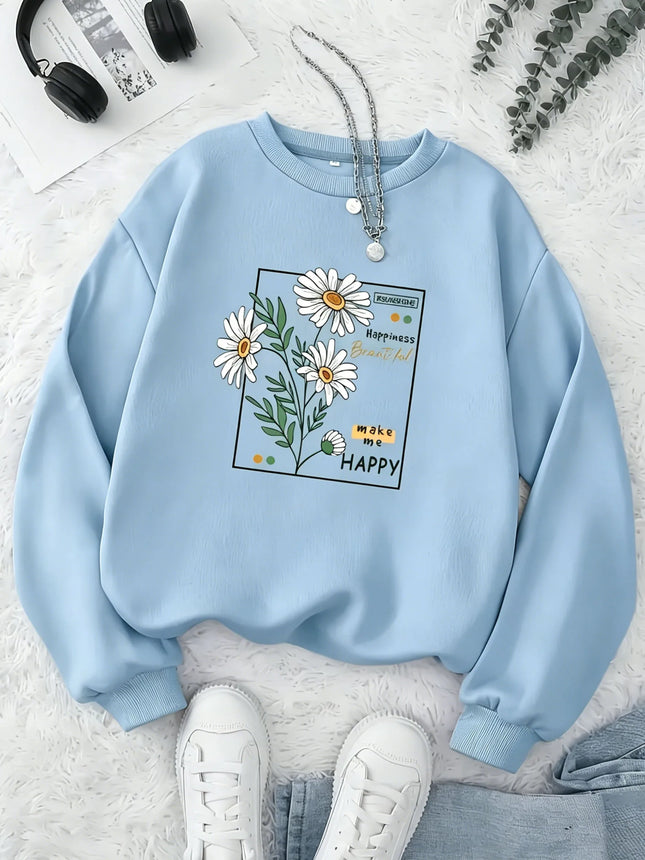 Women Daisy Floral Graphic Sweatshirt Girls Casual Crew Neck Pullover Oversized Soft Fleece Long Sleeve Trend Streetwear Y2K Top