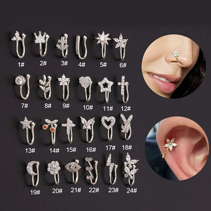 1PC Fake Piercing Nose Ring Cuff for Women Trend Ear Cuff Heart Cross Star Flower Butterfly Shaped Nose Clip Ring Body Jewelry