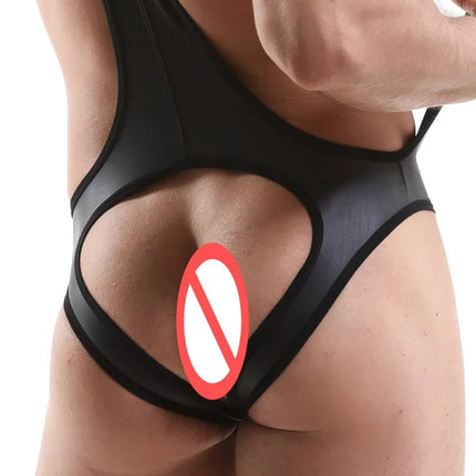New Men Bodysuit Underwear Faux Leather Teddies Hips Open Lingerie Sexy Metal Chain Gay Jumpsuit Singlet Thong Wrestling Onesie