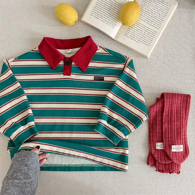 New 2026 New Spring Baby Boys Striped Polo Shirts Long Sleeve Tops Korean Style Toddlers Kids Casual T-shirts