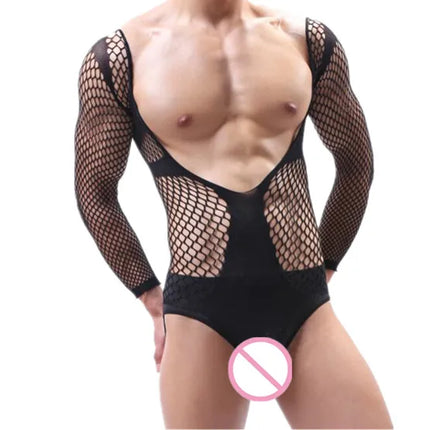 Male Sexy Lingerie Men's Fishnet Bodysuit Hollow Out Underwear Mesh Sleeveless Bandage Jumpsuit Guy Erotic Party Night Club Wear