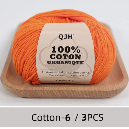 3PCS 100% Organic Cotton Yarn Machine Washable For Adult Baby Sweaters/Gloves/Scarves/Hats Etc. 50 gr (1.76 oz) 125 m (136 yrd)