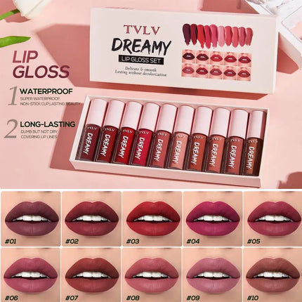 10pcs Dream Lip Gloss Set Matte Velvet Waterproof Lip Glaze Lightweight Delicate Smooth Lasting Without Decolorization Lipstick