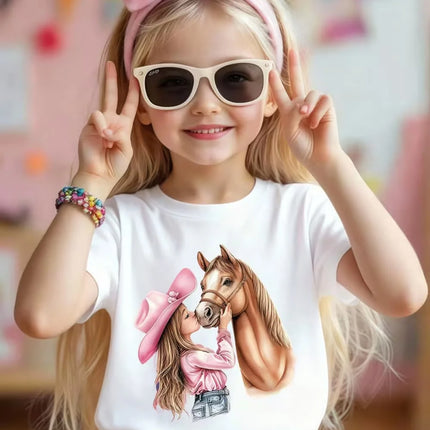Girl Clothes Cow Girl Riding Horse 3D Print T-Shirt Western Festival Casual Top Summer Short Sleeve Outdoor Children's Clothing