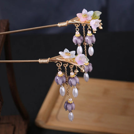 Chinese Purple Flower Hair Sticks Hanfu Decor Hairpins For Girls Tassel Pearl Hair Bun Chopsticks Retro Party Hair Clasp Jewelry