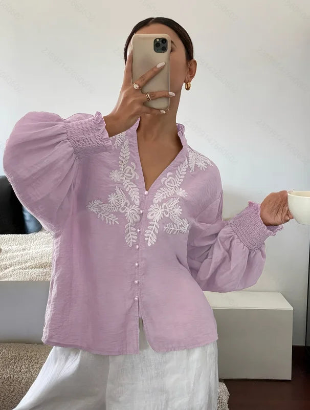2025 Plus-Size Summer Blouse – Lightweight, Loose-Fitting, Boho-Chic Shirt with Notched Collar, Lace Panels, and Embroidered Flo