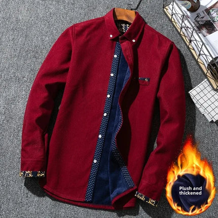 Winter Corduroy Warmshirt Men's Fleece-Lined Thickened Integrated Velvet Business Casual Versatile Shirt For Dad
