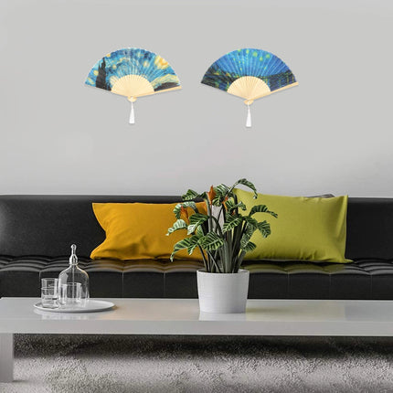 2pcs Folding Fan Bamboo Handheld Fans Handwork Gift Party Dancing Decoration Starry Night