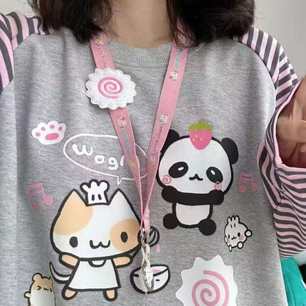 Japan Kawaii Sweet Women T-Shirt O-Neck Stripe Patchwork Long Sleeve Cartoon Print Loose Pullover Casual Cute Top Youth Vitality
