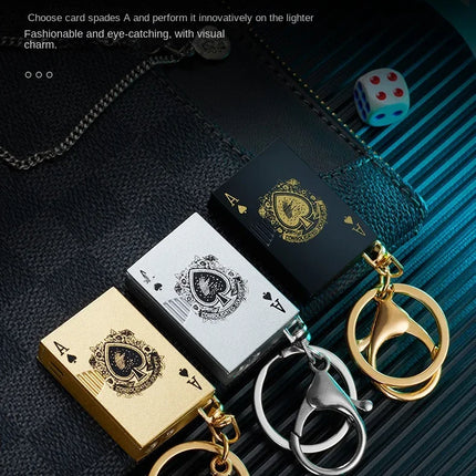 Metal Poker Keychain Pendant Inflatable Lighter Mini Compact Side Slip Butane Open Fire Outdoor Portable Lighter Men's Gift