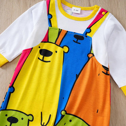 Faux Suspenders & Colorful Bear Print Spring and Autumn baby clothes 0-18Months Boys and Girls Baby Long-Sleeve Romper Newborn