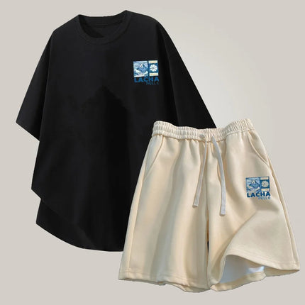 【 M-8XL 】 Loose Large Size Discount Set Daily Edition Fuji Mountain Print T-shirt Drawstring Shorts Youth Casual Set