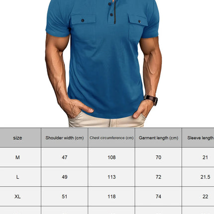 Summer Men's Short-Sleeve Polo Shirt Casual Solid Color Turn-Down Collar T-Shirt Pullover Top Henley Shirt with Pockets