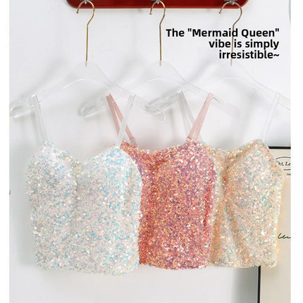 Small Sequin Ball One-Piece Fixed Vest Wrap Chest Base Layer Brtte for Girls Summer Outing ort High Elastic Polye...