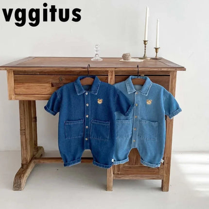 Korean Style Spring Autumn Baby Boy and Girl Romper Newborn Denim Open Button Single Breasted Lapel Casual Jumpsuit H90100