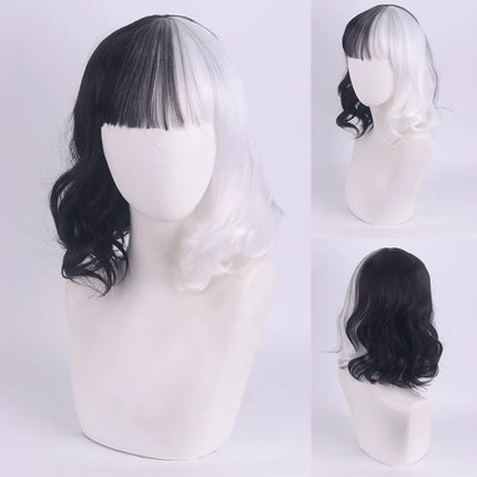 Cosplay Halloween Party Wigs CRUELLA Deville De Vil Black White With Bangs Short Bob Hair for Women Heat-Resistant Synthetic Wig