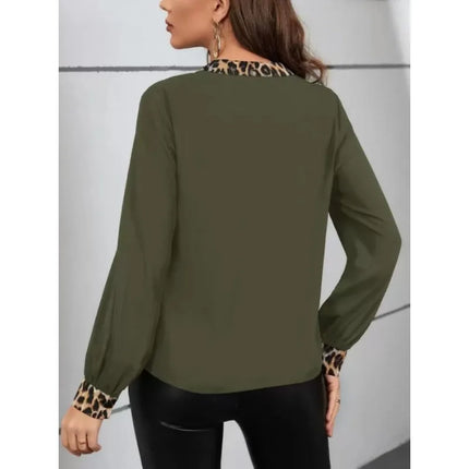 Plus Size 1XL-5XL Women's Fashion V-neck Leopard Print Blouse Shirt Ladies Casual and Comfortable Long Sleeved Pullover Shirt