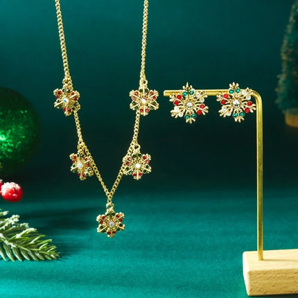 Luxury Zinc Alloy Christmas Jewelry Set Colorful Rhinestone Xmas Dangle Earrings Pendant Snowflake Necklace Women