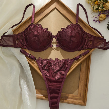 Brownish RedBra Set Double Layer Design No Skin Irritation Comfortable Underwear Women's Fashion Color Block Bralette