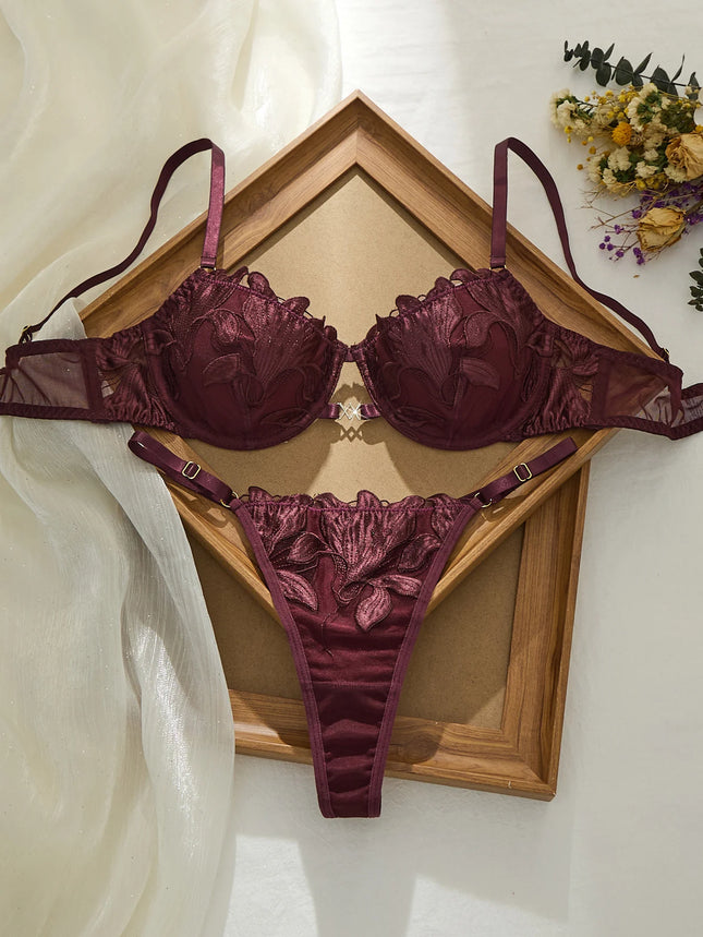 Brownish Red Bra Set Double Layer Design No Skin Irritation Comfortable Underwear Women's Fashion Color Block Bralette