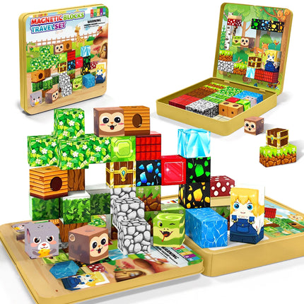 Magnetic Blocks Travel Magnet Cube Magnetic Building Blocks Toys with Portable Iron Box STEM Educational Magnet Toys for Kids
