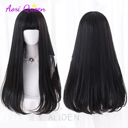 AS Long Straight Black Synthetic Wig For Woman With Bangs Black Cosplay Lolita Wigs Heat Resistant Natural Hair