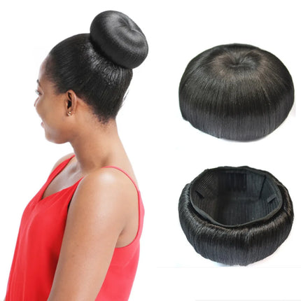 Jeedou Afro Puff Chignon with Bangs Black Hair Bun and Bangs Set Donut Bun Pad Clip-In Spherical Updo Synthetic Hairpiece