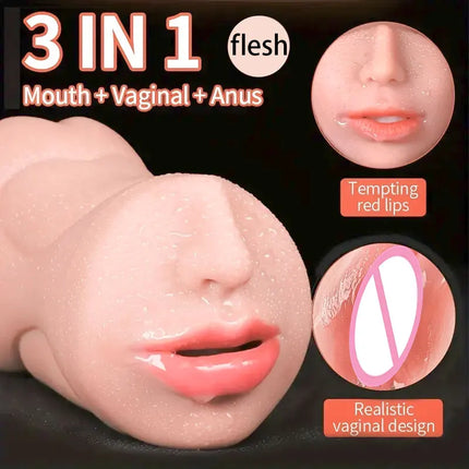 3 in 1 Pocket Pussy Male Masturbator with Mouth Sex Doll with 3D Realistic Textured Real Oral Vagina and Tight Anus Masturbation