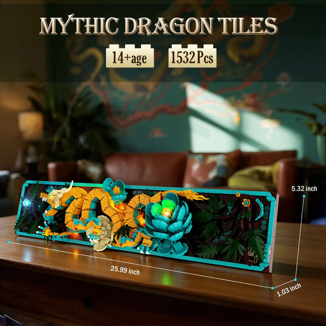 1532PCS Dragon Pattern Wall Stick with Light, Creative Home Decor, MOC Building Blocks Set, Assembled Toy, Adult Birthday Gift
