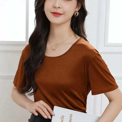 Summer High-End Women's Short Sleeve T-Shirt Acetate Fabric Knitted European Style Thin Hot Selling Top for Ladies
