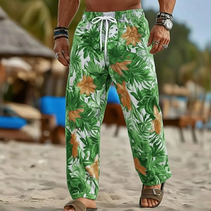 Men's Beach Pants Us flag Flower 3D Print Drawstring Casual Summer Vacation Loose Breathable Hawaiian Trousers Men Clothing