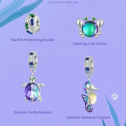 BAMOER 925 Sterling Silver Dreamy Ocean Series Dazzling Crab Beads Seahorse Pendant Charms for Women Bracelet and Necklace DIY