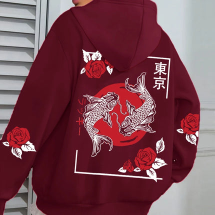 Tokyo Koi Fish Rose Harajuku Print Women Hoodie Loose Casual Hoody Autumn Multicolor Streetwear All-Match Fleece Clothes