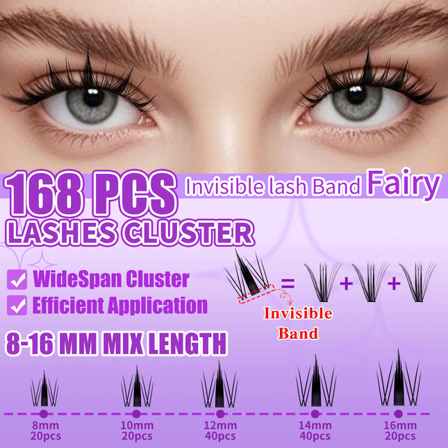 LAKANAKU 168 Fans DIY Cluster Lashes Cat Eye Lashes Invisible Band Premium Mink Manga Lash Clusters