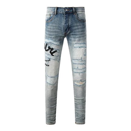 Fashion Americans Brands Men's Jeans Luxury Streetwear Holes Long Trousers Quality Male Stretch Slim Pants Skinny Trousers