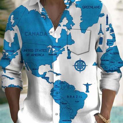 Men's Long Sleeved Printed Shirt, Single Breasted Stand Up Collar Shirt, Fashionable Casual Top