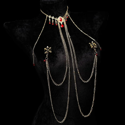 Red Gem Nipple Clamps Body Chain Integrated Sensual Body Restraint Sexy Accessories Breast Clips Bell Pendants Adult Sex Toy 18+