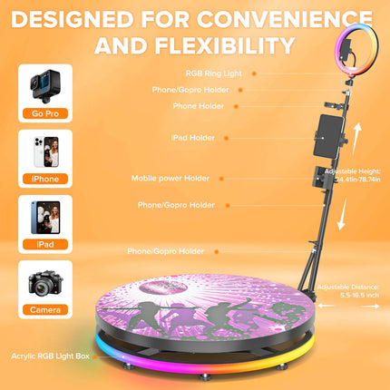 Rotating 360 Video Photo Booth Machine For Parties Events With Flight Case Free Customize Logo RGB Ring Light App/Remote Control