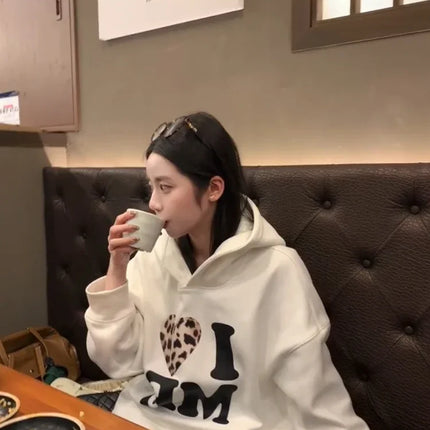 Korean Series Chic Leopard Print Letters Hood White Hoodie Women Autumn and Winter Fleece-lined Thickened Loose Pullover