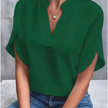 Summer Elegant Women's Blouse New V-neck Short Sleeve Solid Color Loose Shirt Casual White Tops Office Lady Blouses