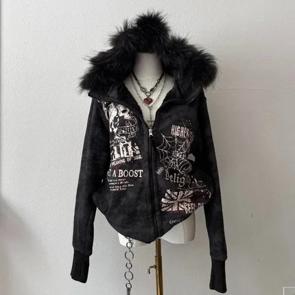 American Fashion New Skull Print Hoodie Women Y2K Vintage Rock Hip Hop Gothic Popular Casual Joker Plus Velvet Padded Sweater