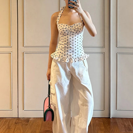 Weird Puss Polka Dot Print Top Women Halter Low-Neck Bandage Ruffles Backless Sleeveless Skinny Summer Trend Street Basic Vest