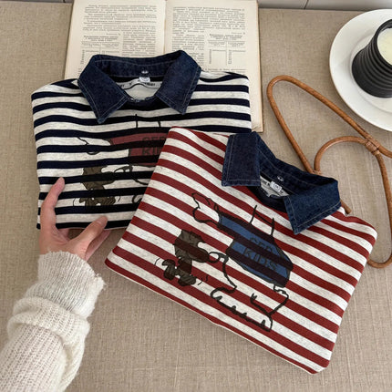 Children Polo Shirts 2025 Autumn Denim Tops for Kids Boys Striped Jumper Cartoon Girls Pullover Toddler Sweatshirts Baby Clothes