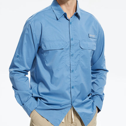 Summer Men's UPF 50+ Casual Long Sleeve Fishing Shirts, Lightweight Tactical Button Down Shirt with Breathable Back Mesh